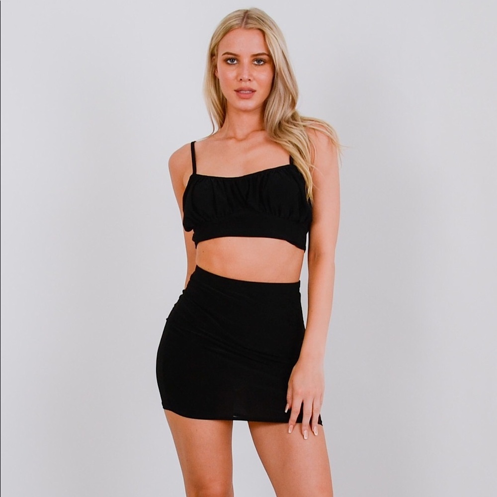 Black Slinky Cami Bralet Crop Top Mini Skirt Set